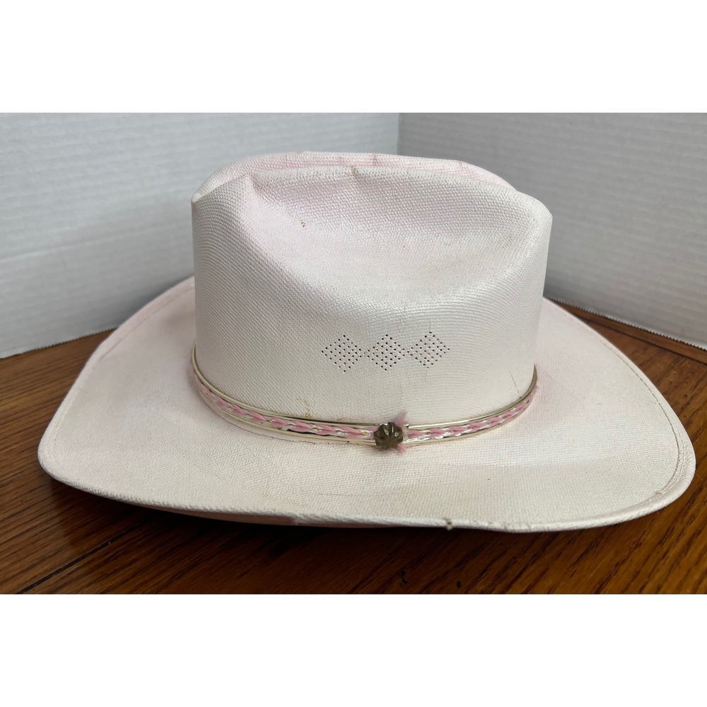 White and Pink Western Cowboy Hat Cattleman Crown Braided Hatband Floral Accent